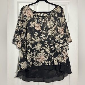 Torrid Black Floral Chiffon Blouse 2X Flowy Sheer Boho Top